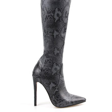 Load image into Gallery viewer, ANIMAL INSTINCTS GREY SNAKE LYCRA STILETTO THIGH HIGH BOOTS