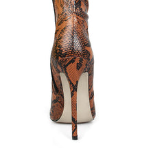 Load image into Gallery viewer, ANIMAL INSTINCTS CAMEL PYTHON LYCRA STILETTO THIGH HIGH BOOTS