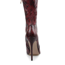 Load image into Gallery viewer, ANIMAL INSTINCTS RED PYTHON LYCRA STILETTO THIGH HIGH BOOTS