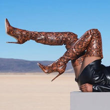 Load image into Gallery viewer, ANIMAL INSTINCTS CAMEL PYTHON LYCRA STILETTO THIGH HIGH BOOTS