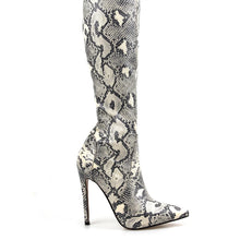 Load image into Gallery viewer, ANIMAL INSTINCTS BLACK AND WHITE SNAKE LACE UP STILETTO THIGH HIGH BOOTS
