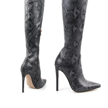 Load image into Gallery viewer, ANIMAL INSTINCTS GREY SNAKE LYCRA STILETTO THIGH HIGH BOOTS
