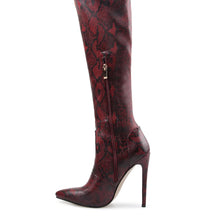 Load image into Gallery viewer, ANIMAL INSTINCTS RED PYTHON LYCRA STILETTO THIGH HIGH BOOTS