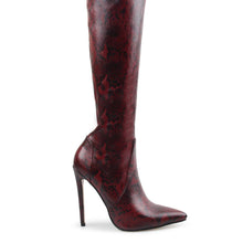 Load image into Gallery viewer, ANIMAL INSTINCTS RED PYTHON LYCRA STILETTO THIGH HIGH BOOTS