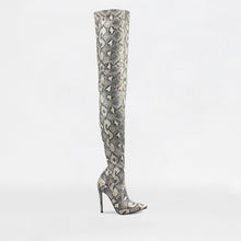 Load image into Gallery viewer, ANIMAL INSTINCTS BLACK AND WHITE SNAKE LACE UP STILETTO THIGH HIGH BOOTS