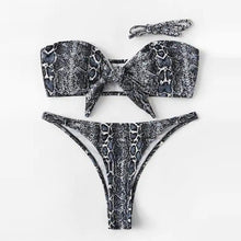 Load image into Gallery viewer, Women High Cut Bandeau Snakeskin Print Strapless Swimsuits Bikini Set