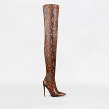 Load image into Gallery viewer, ANIMAL INSTINCTS CAMEL PYTHON LYCRA STILETTO THIGH HIGH BOOTS
