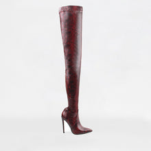 Load image into Gallery viewer, ANIMAL INSTINCTS RED PYTHON LYCRA STILETTO THIGH HIGH BOOTS