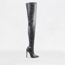 Load image into Gallery viewer, ANIMAL INSTINCTS GREY SNAKE LYCRA STILETTO THIGH HIGH BOOTS
