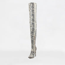 Load image into Gallery viewer, ANIMAL INSTINCTS BLACK AND WHITE SNAKE LACE UP STILETTO THIGH HIGH BOOTS