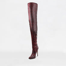 Load image into Gallery viewer, ANIMAL INSTINCTS RED PYTHON LYCRA STILETTO THIGH HIGH BOOTS