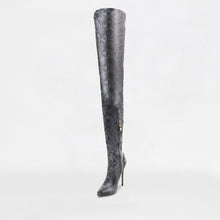 Load image into Gallery viewer, ANIMAL INSTINCTS GREY SNAKE LYCRA STILETTO THIGH HIGH BOOTS