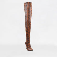 Load image into Gallery viewer, ANIMAL INSTINCTS CAMEL PYTHON LYCRA STILETTO THIGH HIGH BOOTS