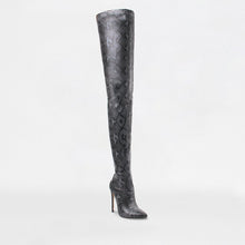 Load image into Gallery viewer, ANIMAL INSTINCTS GREY SNAKE LYCRA STILETTO THIGH HIGH BOOTS