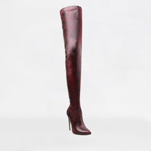 Load image into Gallery viewer, ANIMAL INSTINCTS RED PYTHON LYCRA STILETTO THIGH HIGH BOOTS