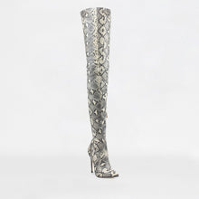 Load image into Gallery viewer, ANIMAL INSTINCTS BLACK AND WHITE SNAKE LACE UP STILETTO THIGH HIGH BOOTS