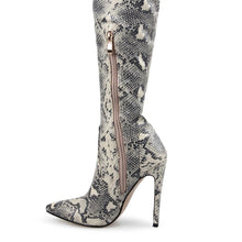 Load image into Gallery viewer, ANIMAL INSTINCTS BLACK AND WHITE SNAKE LACE UP STILETTO THIGH HIGH BOOTS