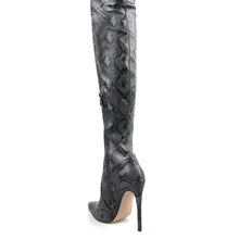 Load image into Gallery viewer, ANIMAL INSTINCTS GREY SNAKE LYCRA STILETTO THIGH HIGH BOOTS